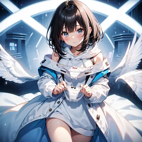 (Best Quality)、One Girl、Short black hair、Very embarrassed face、blush、Small breasts、Large white hoodie、Put on the hood、((holding panties、Holding cute light blue and white panties))、In front of a luxurious bed、whole body