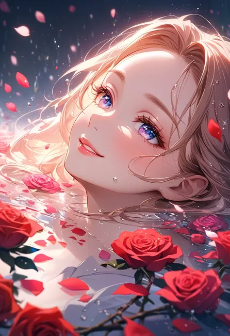 Skin details, Beautiful facial features, Exquisite makeup, Exquisite eyes,smile,forehead,gritter,shiny,Best Quality,4K,8k,High resolution,masterpiece:1.2,Very detailed,Realistic:1.37,Scattered rose petals,Pale pink lighting,Romantic atmosphere,faint aroma,...