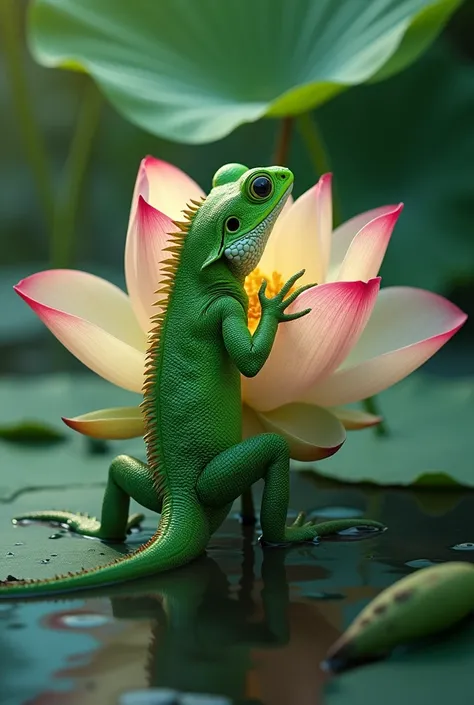 green lizard swallowing lotus