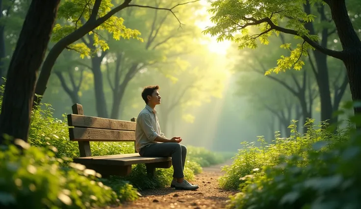 A person sitting on a bench in a peaceful forest, with their eyes closed, breathing deeply. The sunlight filters through the trees, casting a soft, calming light. The scene should capture the sense of rest and mental clarity, with lush greenery and serene ...