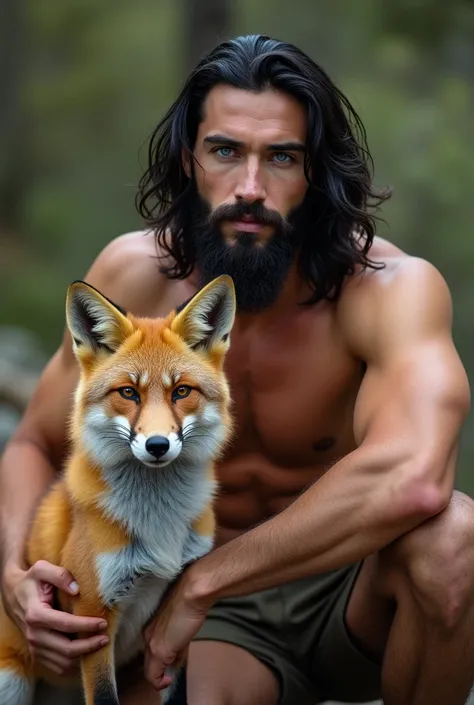 instagram model, handsome guy, with abs, black hair, blue eyes, langer bart, schulterlange wellige schwarze haare, outside, with a fox