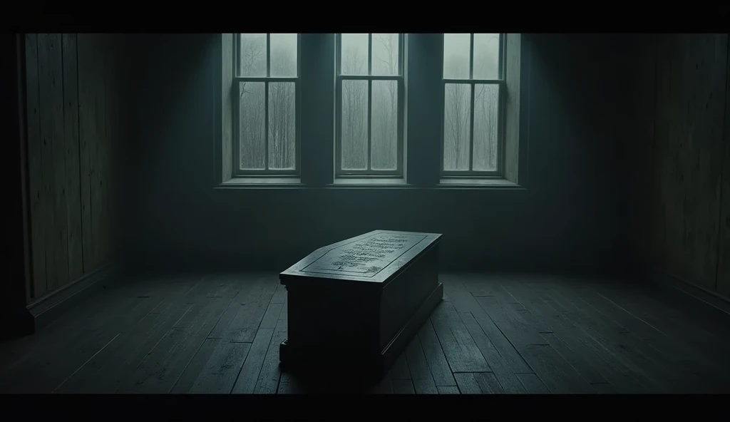 background、indoor、The windows are blocked off with wooden boards、coffin、perfection、unmanned。No text needed。