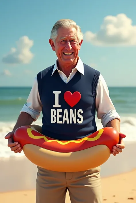 A photorealistic picture of Prince Charles wearing a vest that says i ❤️ beans and holding an inflatable hotdog while at the beach