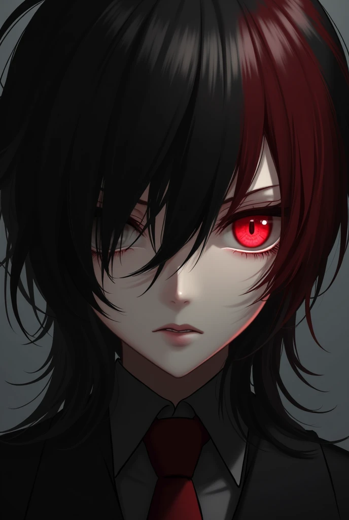 Personnage inspiré de Kaneki Ken avec un œil rouge, Sur un fond sombre et neutre, Deux couleurs de cheveux rouge et noir