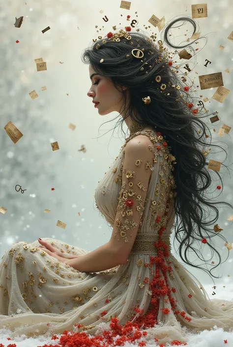 beautiful girl sitting with thick hair, dreaming of a fantasy world, winter atmosphere, made up of typography elements, typefaces, letters, create me a beautiful woman, made of typographic characters, in a fairy-tale atmospherenumbers, old paper fly, metal...