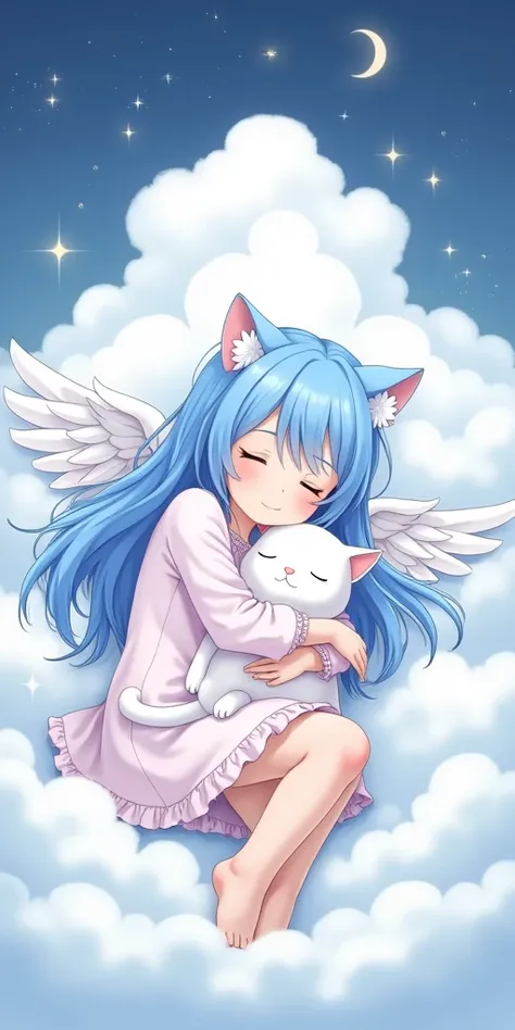 anime girl with blue hair and white cat ears sleeping in the clouds, holding pretty white cat, top rated on pixiv, pixiv, cute anime catgirl, pixiv contest winner, pixiv style, nightcore, anime girl with cat ears, ahri, trending on artstation pixiv, pixiv ...