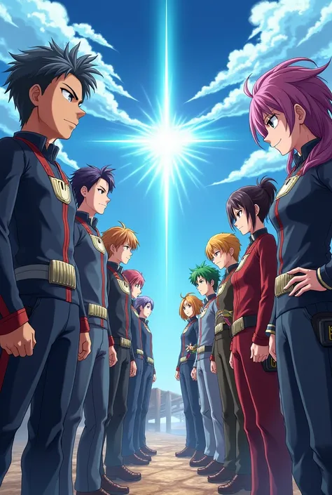 Anime poster where two rivals team are stand 
And see their opponents confidently both team have 7  members 