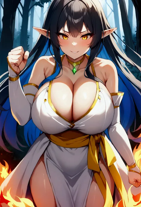 score_9, score_8_up, score_7_up, score_6_up, source_anime, rating_explicit, 1girl, (solo:1.1), huge breasts, pointy ears, long hair, black hair, elf, yellow eyes, blue hair, yellow choker, white dress, collarbone, cleavage, sleeveless, yellow sash, white g...