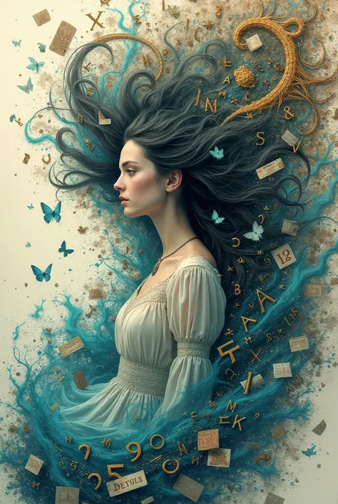 beautiful girl sitting with thick hair, dreaming of a fantasy world, made up of typography elements, typefaces, letters, create me a beautiful woman, made of typographic characters, in a fairy-tale atmospherenumbers, old paper fly, metal type printing pres...