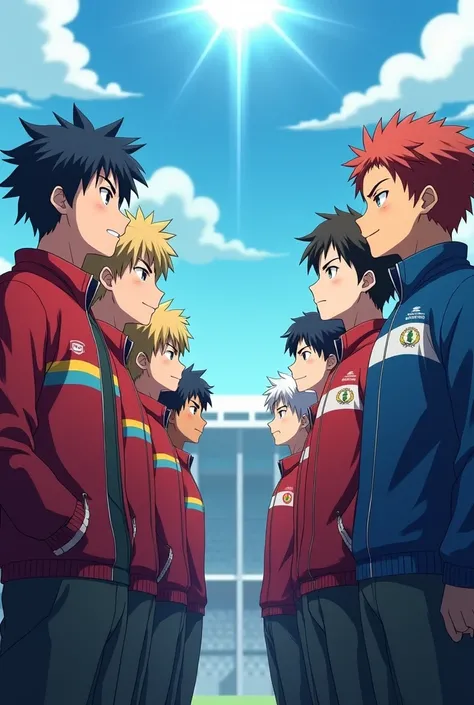 Anime poster where two rivals team are stand and see their opponents confidently both team have 6 members only boys