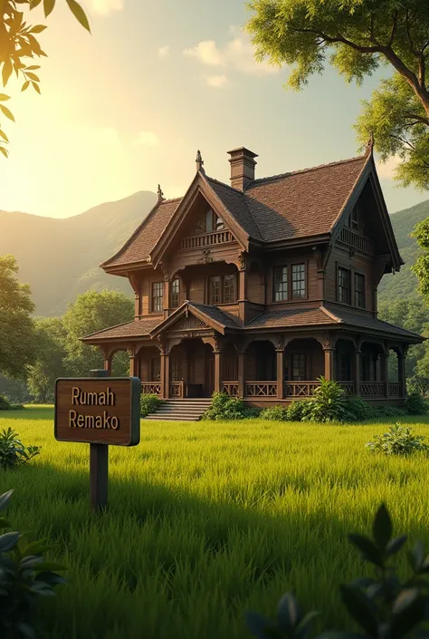 (photorealism:1,2) 
 antique teak wood big house, there is a sign that says "Rumah Remako", grass yard, hills in the background, beautiful sunlight