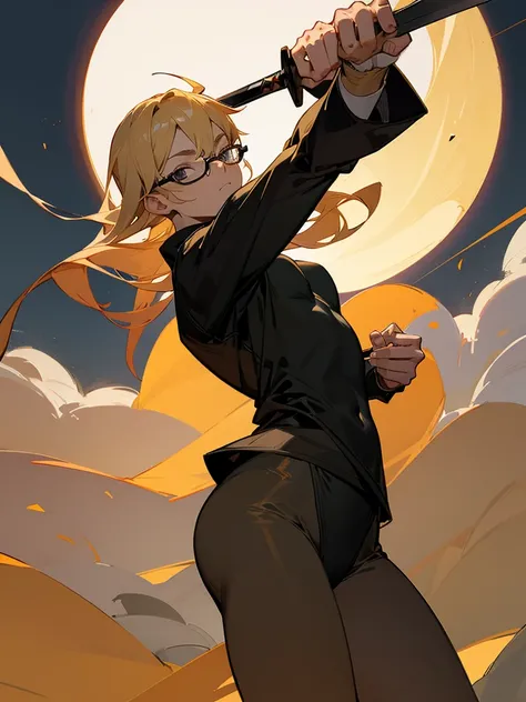 Tall, bespectacled blond man in black volleyball uniform about to stab the moon with a sword and eat it