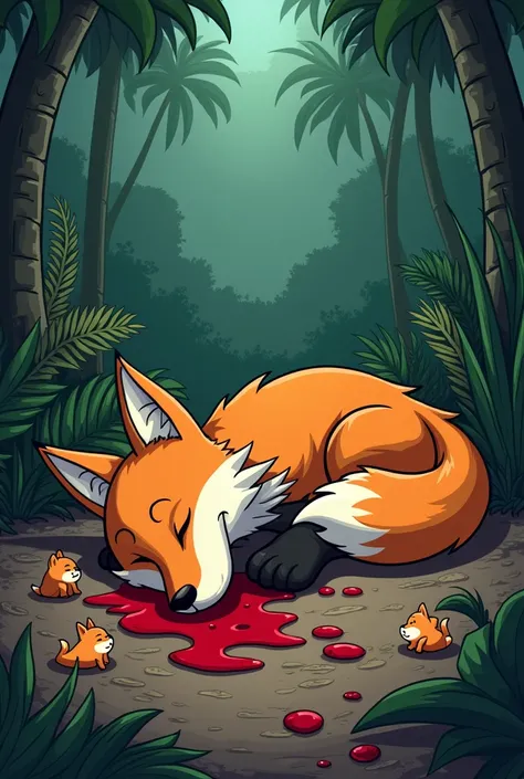 Cartoon fox jungle in dead body on blood eye swich off  sleep fox and side on cartoon fox babies cry