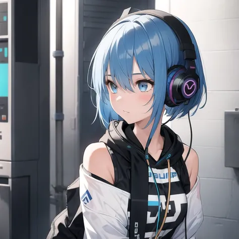 1girl, Blue Hair, Headphones, 