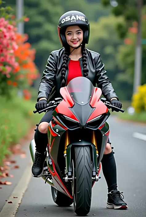 A  hyper UHD whole body image of beautiful glassy skin asian 20 year old slightly chubby woman smiling face in red  shirt inside,black leather jacket, black and red open helmet with 3d white font name "osang," written on it, black sports gloves,black rippe...