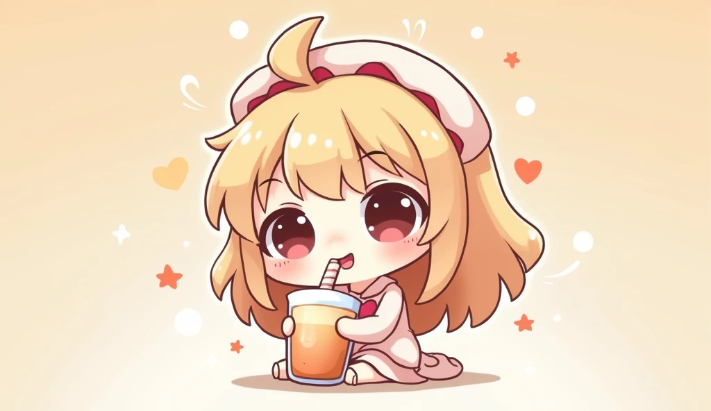 Circular heart in soft colors. Large, Round eyes, Drinking milk tea with a cute straw. They added playful elements such as bubbles and stars around the logo.、Chibi style girl.