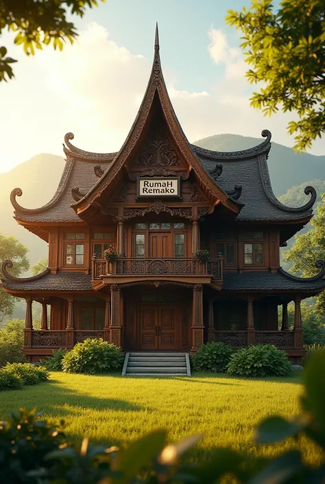 (photorealism:1.2) 
Realistik pictures
 antique teak wood big house, there is a sign that says "Rumah Remako", grass yard, hills in the background, beautiful sunlight