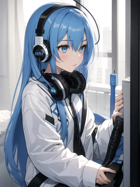 1girl, Blue Hair, Headphones, 