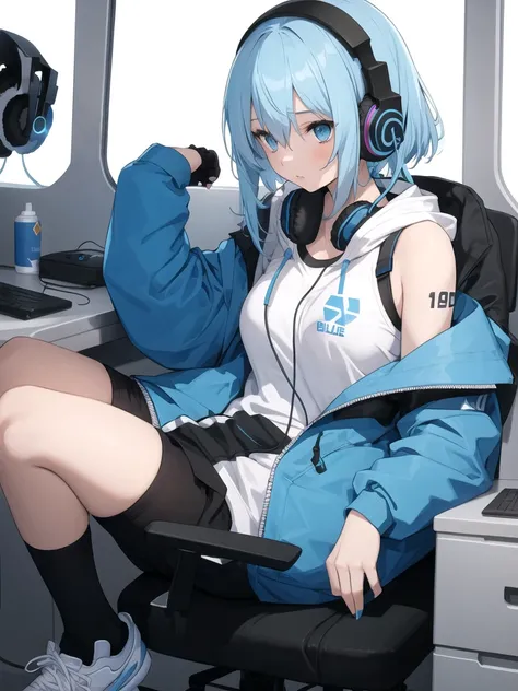 1girl, Blue Hair, Headphones, 