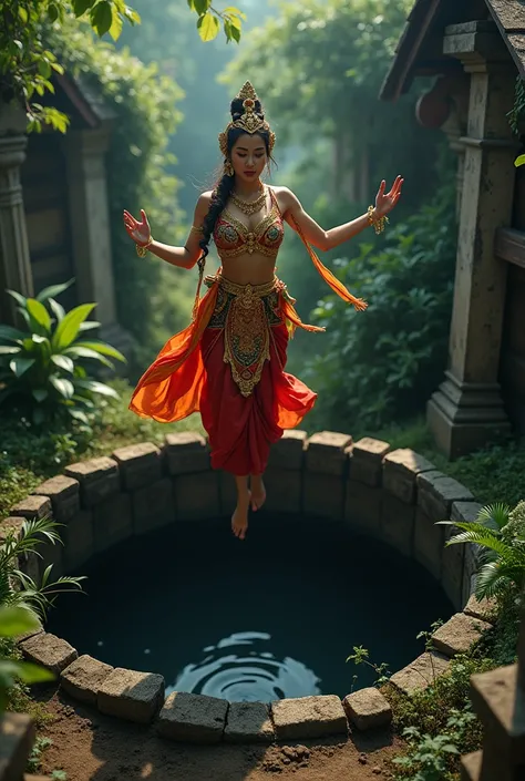 Horizontal image of a woman in Thai dance costume jumping into a well to commit suicide.