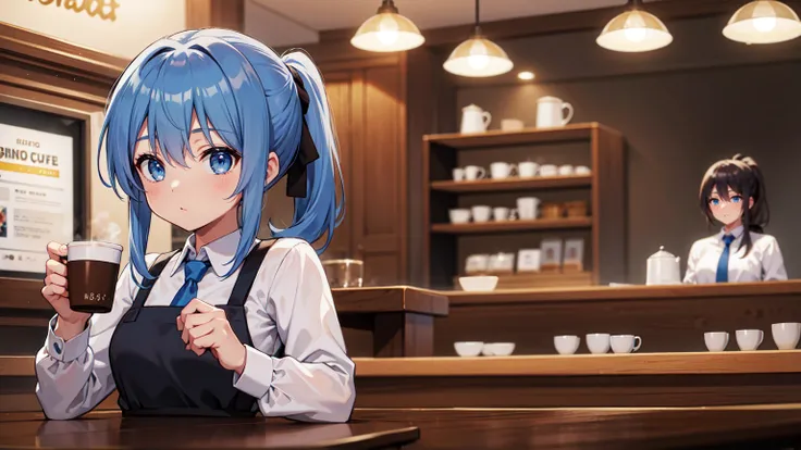 8K HD Blue Eyes，Coffee-colored hair，tie a ponytail。 night, in the cafe