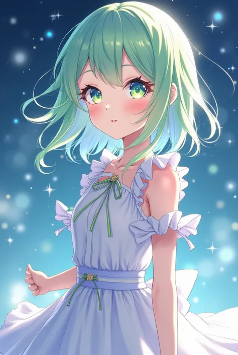 Light green hair、Thin white hair、Shiny Hair, Gradient color hairstyle, Pastel colors、 Bob Hair、smile, Gradient color eyes, White frilly dress、High resolution, masterpiece, Winner of numerous awards, 高quality, High-resolution model, Ultra high definition, T...