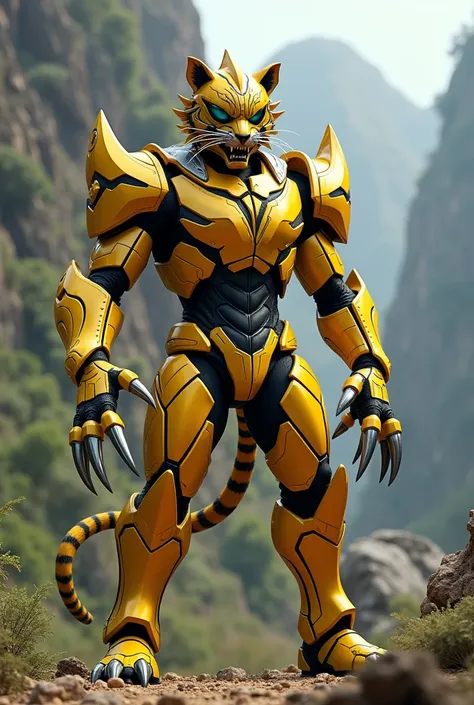 A yellow sabertooth Tiger theme Kamen Rider with claws for weapons 
