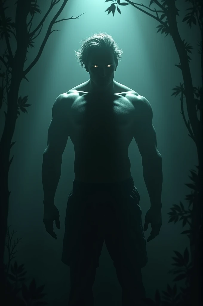 The background is dark and enigmatic, almost like a starless night. In the center there is a killer figure, athletic body, whose face is partially hidden in shadow, adding to the mystery around you. The dramatic lighting creates a strong contrast between l...