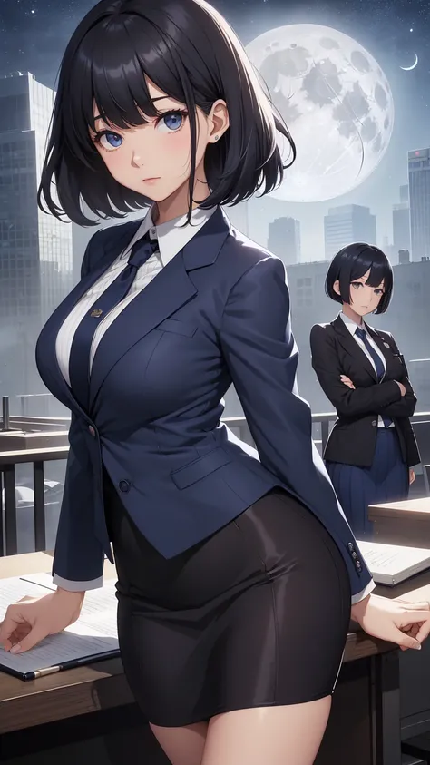 Best Quality, Flying debris、Beautiful woman、Office Lady、Black Hair、(Dark blue eyes、Bangs)、Short Hair、New Employees,whole bodyショット、Female Office Lady、break(Navy blue jacket、White shirt、Pencil long skirt:1.2)、(Black tights、High heels)、break(Outdoor、full moon...