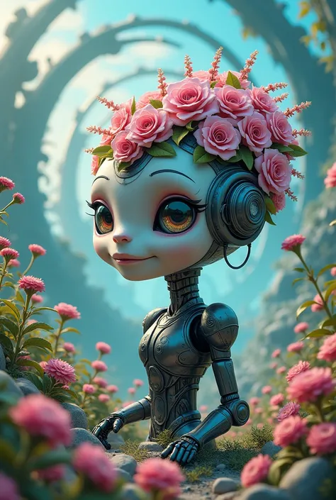 In an alien style, a robotic head with gray and pink features, adorned with a cascade of blooming flowers, sits outdoors, harmoniously integrated into a vibrant landscape. The robots smiling expression radiates warmth and friendliness, inviting a sense of ...