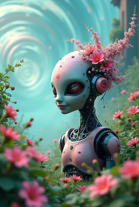 In an alien style, a robotic head with gray and pink features, adorned with a cascade of blooming flowers, sits outdoors, harmoniously integrated into a vibrant landscape. The robots smiling expression radiates warmth and friendliness, inviting a sense of ...