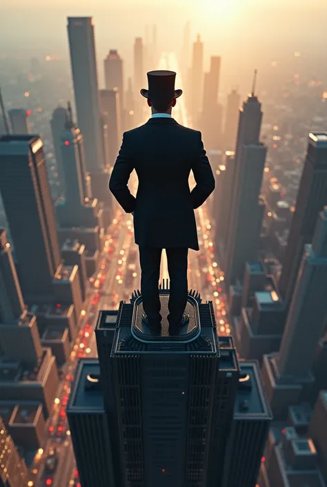 Businessman in suit and top hat is standing on top of a skyscraper, looking at the city with satisfaction.