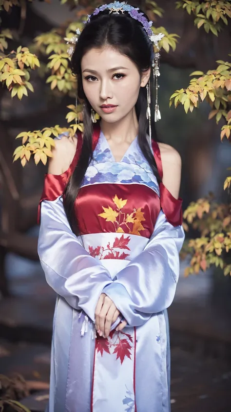 Fashion Model 2 [[[[Cleavage close-up]]]], [[[[Chest]]]], [[[[rape]]]], [[[[Shoulder]]]], Perfect eyes, Perfect Iris，Perfect lips，Perfect Teeth，Perfect skin，Long face，Soft headlights，HD Girls,White Chinese Cheongsam，Hanfu，Full body photo，Background is autu...