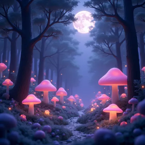 night enchanted magic forest purple lighting fantasy glowing mushrooms fantasy forest soft lighting glowing sparkling moonlight wisps friendly spirits small creatures