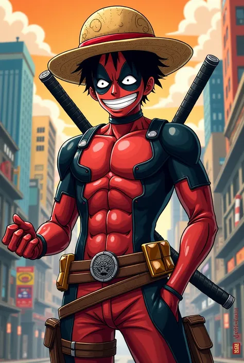 Luffy dressed as Deadpool 