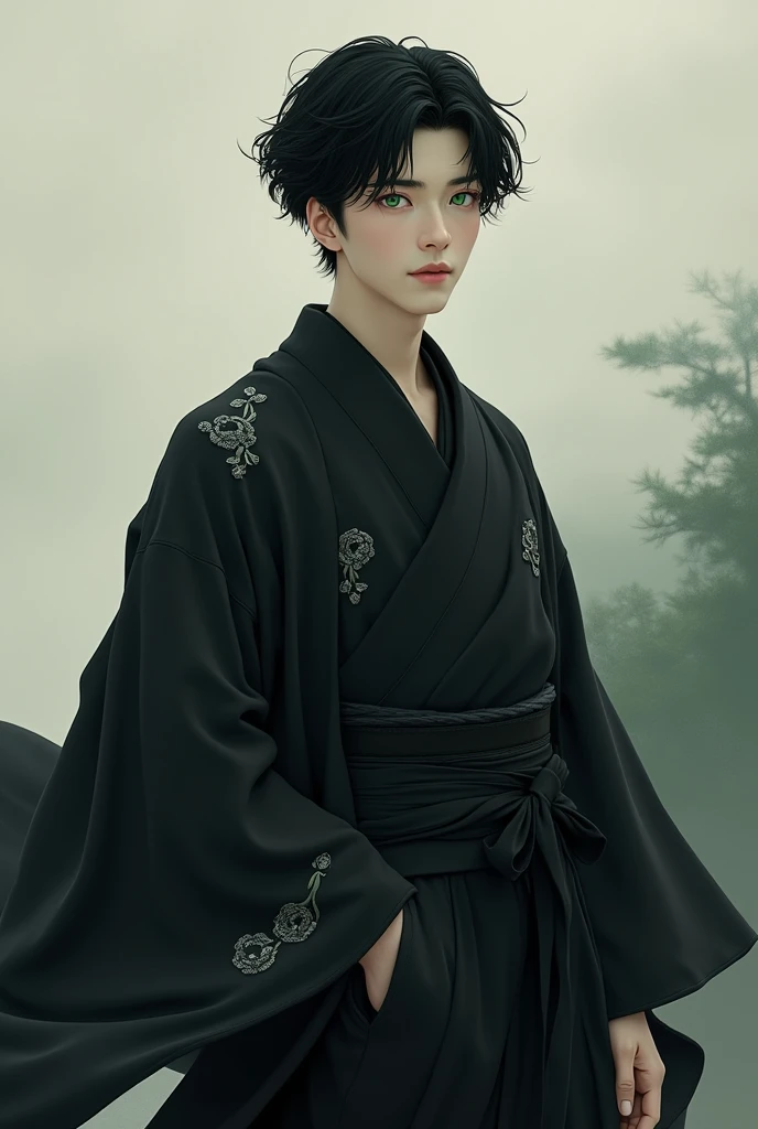 A young man with black hair and green eye with black Kimono 
