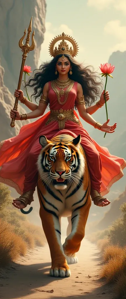 Durga is on a big tiger and walks on the road. And Durga is wearing a red color saree with a beautiful crown on her head and holding a trident, a sword and a lotus flower in her hands.