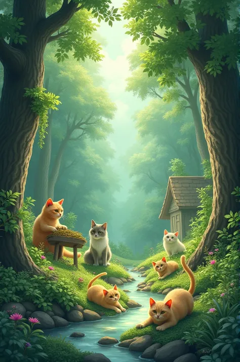 The kingdom of cats is inside the forest.  Everyone is working peacefully. Image size will be 16:9