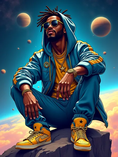 HD: A Black man with dreadlocks, wearing an all-blue and gold hoodie and jacket, with a golden necklace and bracelets on one hand, is sitting on the edge of space, floating in the outer galaxy with planets in the background. He is wearing futuristic sneake...