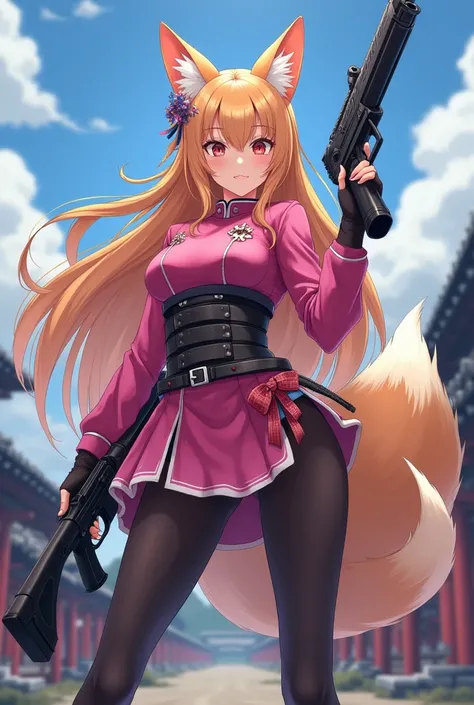 Please draw an anime of a Japanese shrine maiden fox girl。Please draw the background as the Battle of Sekigahara.。Holding a machine gun。Please wear a mini skirt and black pantyhose.。Please draw her tall and in a model-like style.。Please draw me with beauti...