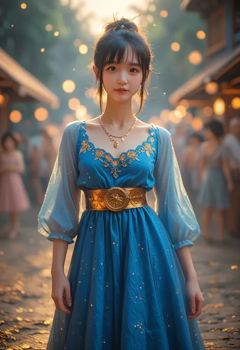 Arafeka in a blue dress with a golden belt and necklace, 3D rendering of characters 8k, trending on cgstation, Chengwei Pan on ArtStation, inspired by Lan Ying, 8K Artgerm Bokeh, High quality detailed 8K graphics, deviantart artstation cgscosiety, cgsociet...