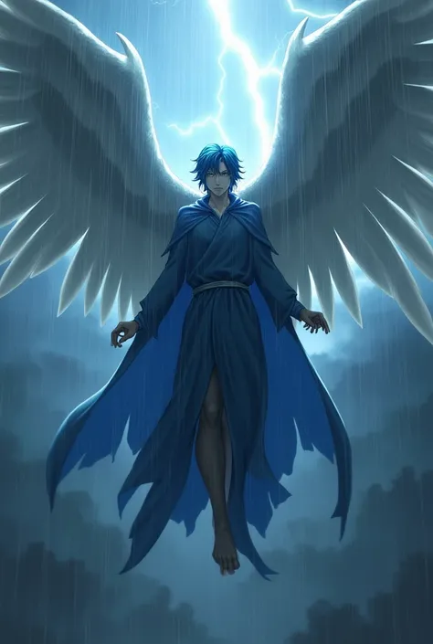 Adult male character with medium blue hair, green eyes and long blue clothes with 6 huge wings descending from the sky amidst the rain with lightning