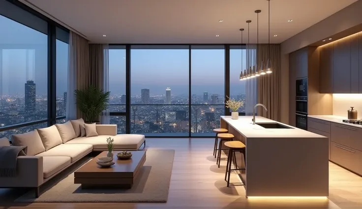 "A super realistic interior view of a modern and elegant apartment located in Seoul. The design features a neutral color palette with soft grays, whites, and beige tones, creating a calming, sophisticated atmosphere. A large window offers a breathtaking vi...