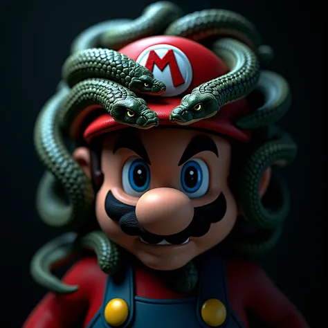 MARIO,medusa snake hair,serious expression,glowing eyes,hyperdetailed 3D,dark background,minimal lighting,close up photography,photorealistic,digital art,masterpiece,best quality,8k,ultra-detailed,realistic,physically-based rendering,extreme detail descrip...