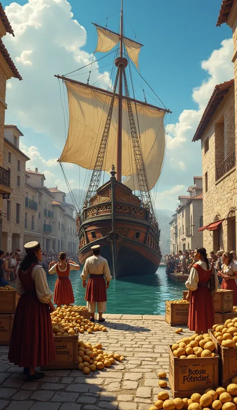 "A vibrant historical scene depicting a European port during the 16th century, with sailors unloading crates of potatoes from a ship. The ship is Spanish, symbolizing the introduction of the potato to Europe after its discovery in the Americas. In the back...