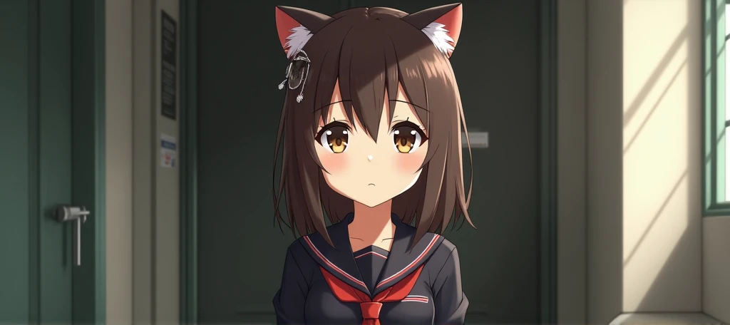 Serious anime girl, black school uniform with red stripes, brown hair, brown eyes, cat hair ornament, medium short brown hair, bangs next to the ear