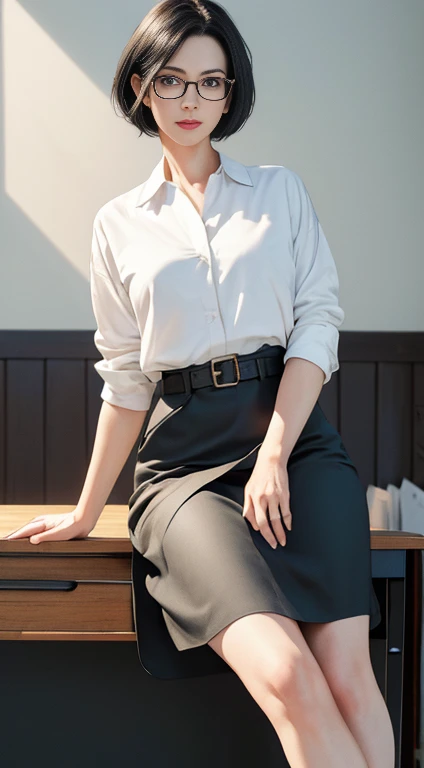 1 mature woman, short black hair, neatly combed hair, green eyes wearing glasses, thin lips, round face, wearing a university professors lab coat, white t-shirt underneath, waist belt, knee-length executive skirt, high heels, background of blackboard and p...