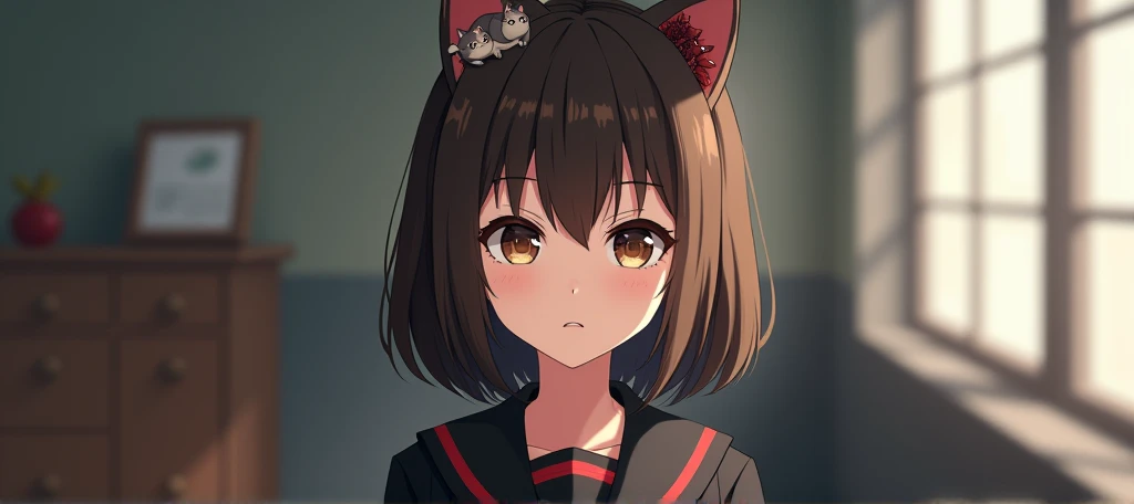 Serious anime girl, black school uniform with red stripes, brown hair, brown eyes, cat hair ornament, medium short brown hair, bangs next to the ear