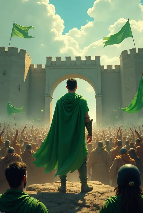 a picture which taken from a hight place in this picture we see maximum 313 Muslim people  trying to destroy a big door of a big fort with green flags in which a young man who looking very powerful and he wear green cloth 