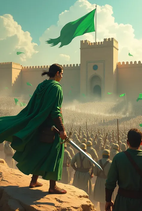 a picture which taken from a hight place in this picture we see maximum 313 Muslim people  trying to destroy a big door of a big fort with green flags in which a young man who looking very powerful and he wear green cloth and he have a sword which have two...